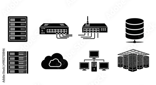 Server Rack, Network Switch, Router, Database, Cloud, Computers, Data Center Icons