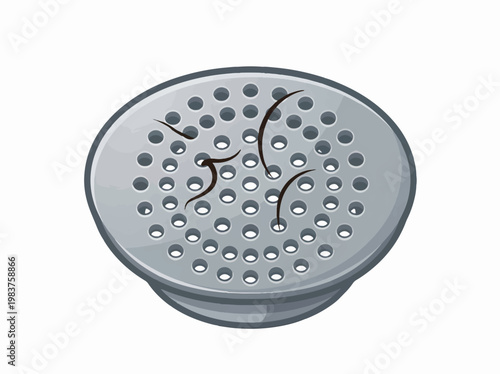 A close-up, stylized illustration of a circular drain with several strands of dark hair caught in its perforations, set against a white background.