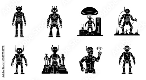Diverse Robot Icons: Futuristic Androids, AI, and Automation Concepts