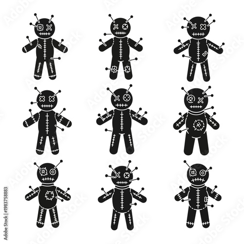 Set of Voodoo Dolls with Pins, Black Silhouette Icons, Mystical Symbols