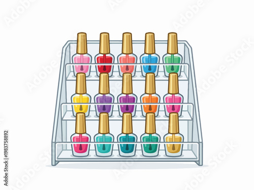 A tiered rack displays various colors of nail polish bottles.