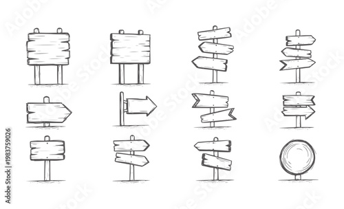 Hand drawn black and white wooden directional and informational signs collection