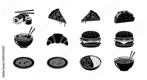 Diverse Fast Food Icons: Sushi, Pizza, Tacos, Burgers, Croissant, Noodles, Bowl