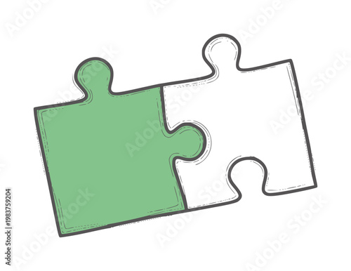 Two interlocking jigsaw puzzle pieces with one piece green and one piece white