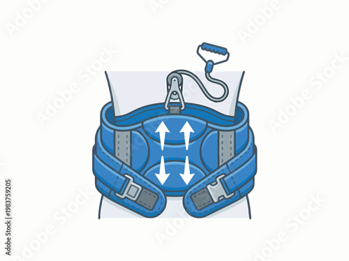 Illustration of a back support brace with straps and a pulley system designed for spinal decompression or back pain relief.