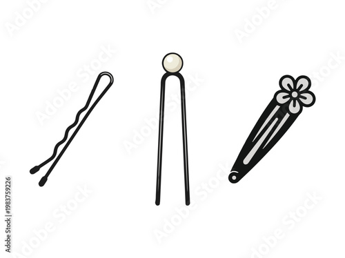 Three stylized black and white illustrations of hairpins: a bobby pin, a U-pin with a pearl, and a snap clip with a flower design on a white background.