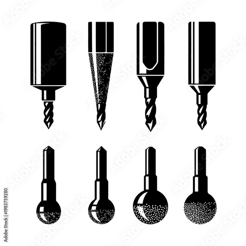 Set of Black Icons Representing Drill Bits and Grinding Tools
