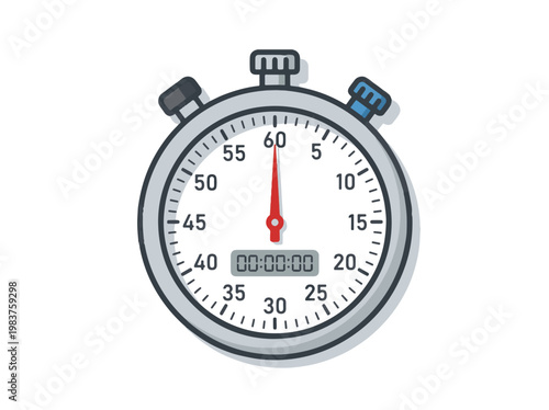A cartoon-style stopwatch with a red second hand pointing to 60, and a digital display showing 00:00:00. It features a grey casing, white face, and push-buttons on a white background.