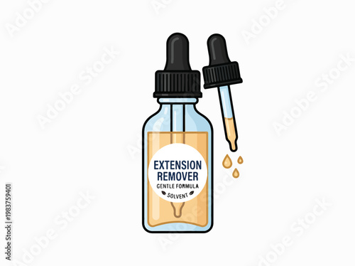 An illustration of an amber liquid in a dropper bottle labeled EXTENSION REMOVER GENTLE FORMULA SOLVENT, with a separate dropper dripping liquid.
