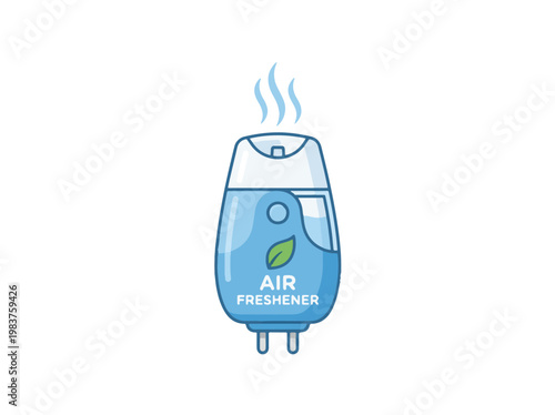 A minimalist vector illustration of a plug-in air freshener, emitting a wispy vapor, with a green leaf logo and AIR FRESHENER text.
