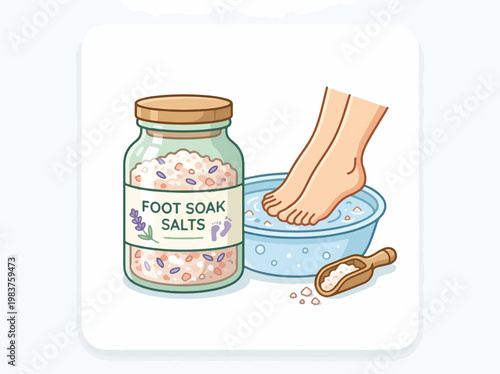 Cartoon illustration of a foot soaking in a bowl with water next to a jar of FOOT SOAK SALTS and a wooden scoop, depicting foot care and relaxation.