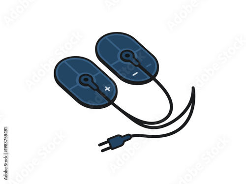 An illustration of two dark blue oval electrode pads connected by black wires to an electrical plug, featuring plus and minus signs for polarity.