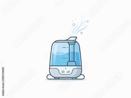 A clean, modern illustration of a humidifier releasing a stream of mist. It features a translucent blue water tank and a white base with an illuminated power button.