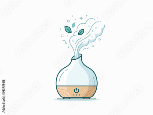 Clean illustration of a light blue and wood-toned essential oil diffuser emitting fragrant mist with green leaves and sparkles, symbolizing natural aroma and wellness.