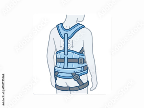 An illustration from the back of a person wearing a blue medical spinal brace. It features straps and shows the mechanism for spinal support and posture correction.