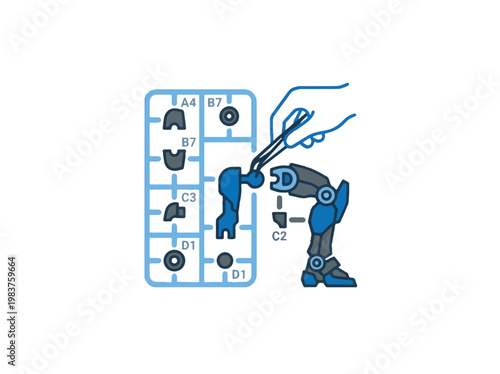 Illustration of a hand assembling a blue robot model kit using tweezers, with parts still attached to a plastic sprue. Represents hobbies, DIY, and building.
