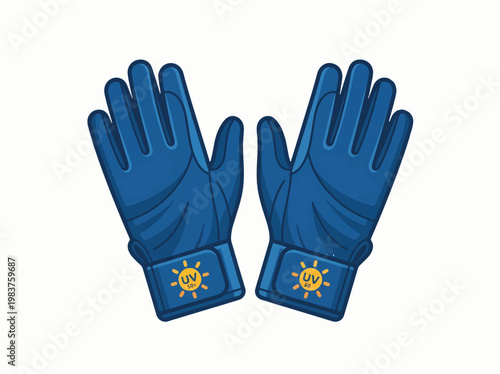 A pair of blue UV protection gloves, featuring a sun icon with UV on the wristbands, depicted in a cartoon style on a white background.