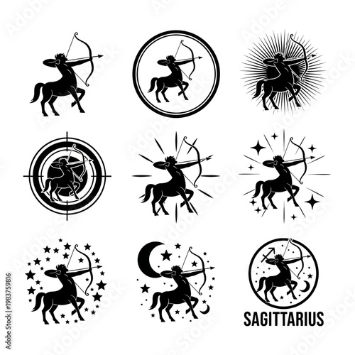 Sagittarius Zodiac Sign Constellation Symbol, Centaur Archer Astrology Icon Set