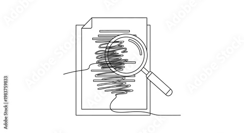 magnifying glass performing detailed document analysis on a research paper highlighting data review and legal examination.