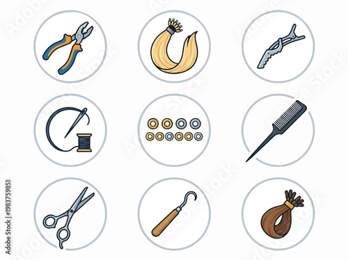 Icons depicting hair extension tools, including pliers, hair bundles, clips, needle, thread, beads, comb, scissors, and hook.
