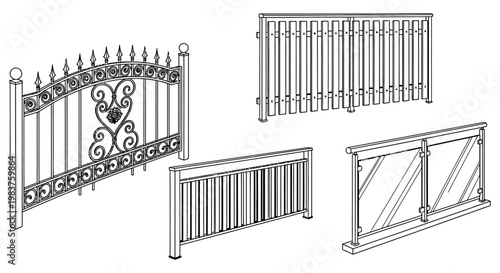 various fence and railing designs including wrought iron and glass