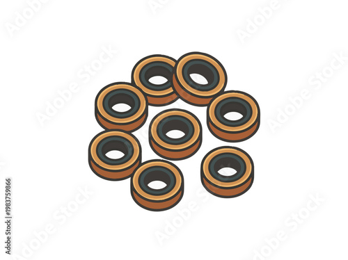 A pile of eight circular objects with brown outer rims and black centers, likely washers or seals, on a white background.