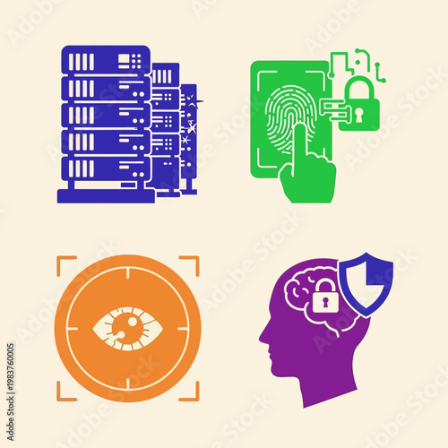 Cyber Security Icons: Servers, Fingerprint Scan, Eye Tracking, Brain Security