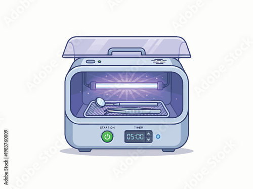 An open sterilizer cabinet with dental tools inside glowing under a UV light. Features a digital timer and start button.