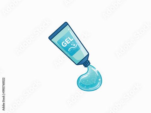 A tube labeled GEL dispenses a clear blue gel with bubbles, suggesting a refreshing or cleansing product.