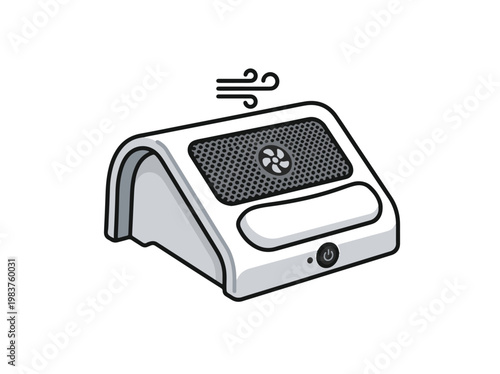 A white, modern-looking electronic device with a fan that circulates air. It has a power button and indicator light.