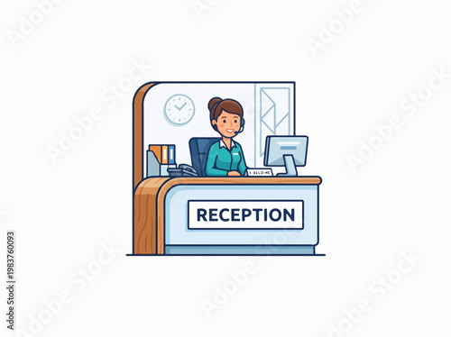 A female receptionist at a desk with RECEPTION on it, a computer, and a clock on the wall.