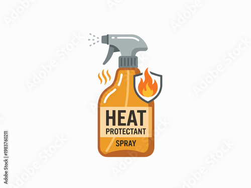 An illustration of an orange heat protectant spray bottle with a grey trigger, showing spray action, heat waves, and a shield with a flame, indicating protection.