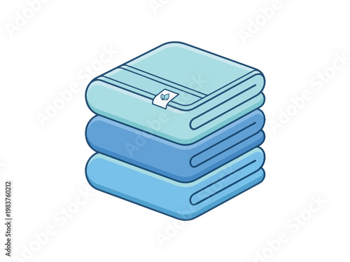 A clean cartoon illustration of three neatly folded blue towels stacked vertically, with the top towel featuring a small leaf tag.