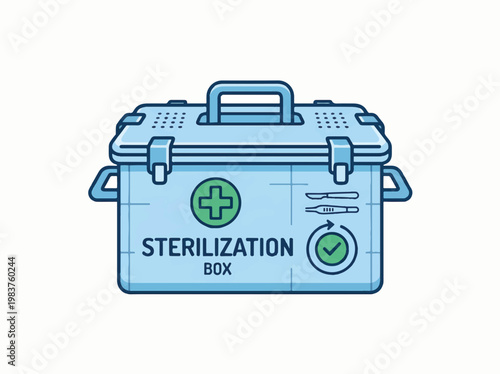 An illustration of a light blue sterilization box, labeled 'STERILIZATION BOX', with a medical cross, surgical tools, and a checkmark symbol, on a white background.