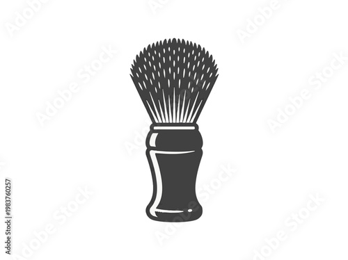 A black and white vector illustration of a traditional shaving brush, featuring a full bristly head and a curved handle, set against a plain white background.