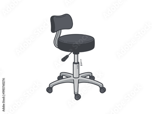 A modern, adjustable grey stool with a backrest, featuring a five-star wheeled base. Suitable for office, medical, or salon use.