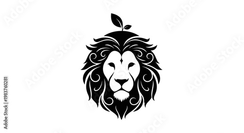 Majestic Black Lion Head Emblem with Green Leaves Symbolizing Nature and Strength