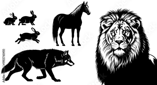 Majestic Lion Portrait, Horse, Wolf, and Rabbits in Black and White Graphic Style