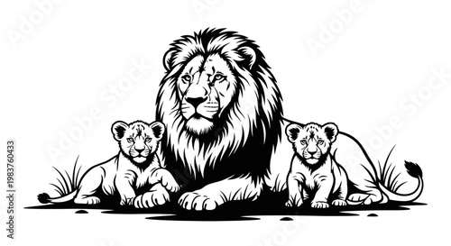Majestic Lion Father and Two Cubs in Black and White Silhouette