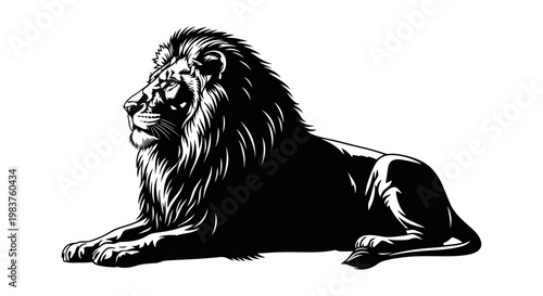Majestic Lion Resting with Flowing Mane in Dramatic Black and White