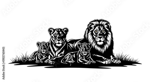 Majestic Lion Family Silhouette Resting in Grassy Savannah Under the Sun