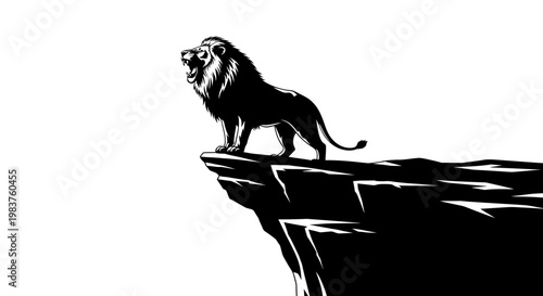 Majestic Lion Roaring from Cliff Edge, Symbolizing Power and Dominance