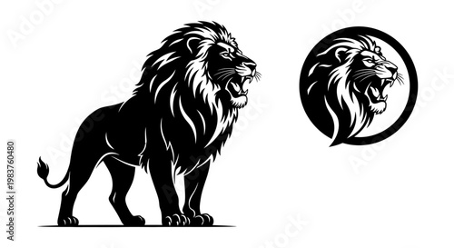 Majestic Lion Roaring in Black and White Silhouette Illustration