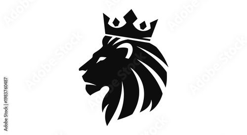 Majestic Lion Head with Crown Symbolizing Power and Royalty, Black and White Icon