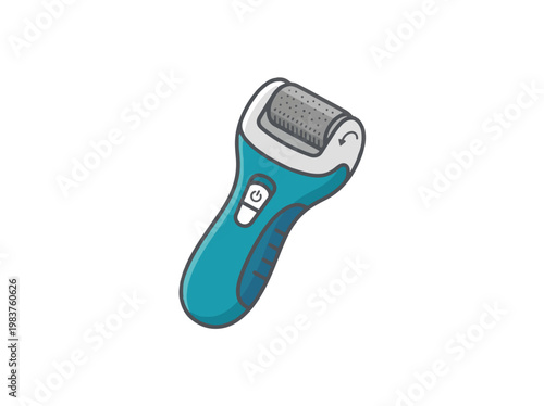 A teal and white electric callus remover with a rotating roller head, featuring a power button and directional arrows indicating movement.
