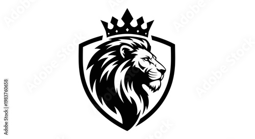 Majestic Lion Head Emblem with Crown and Shield - Regal Symbol of Power