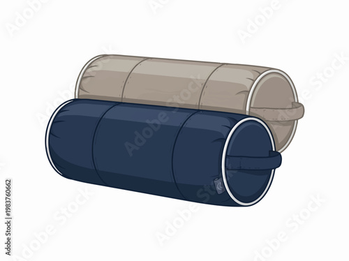 Two cylindrical bolster pillows, one navy blue with white trim and a handle, the other tan, are stacked.