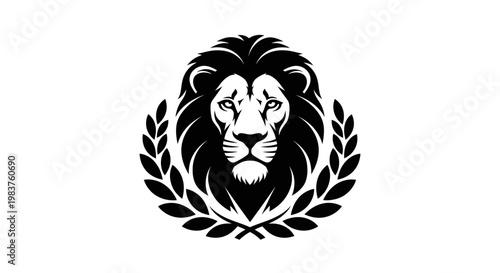 Majestic Lion Head Emblem with Laurel Wreath, Symbol of Power and Victory