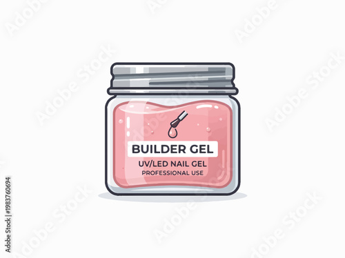 A cartoon illustration of a jar of pink builder gel for UV/LED nail application, with a small applicator inside.