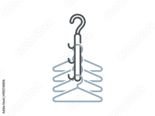 A stylized illustration of a multi-tiered hanger, holding multiple clothes hangers vertically.